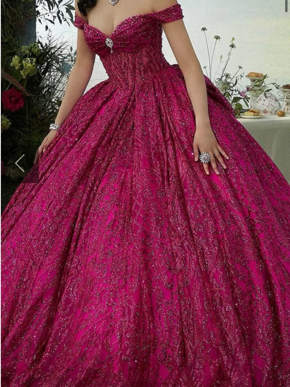 Mori Lee Off-Shoulder Jewel Encrusted Ball Gown in Fuchsia/Berry